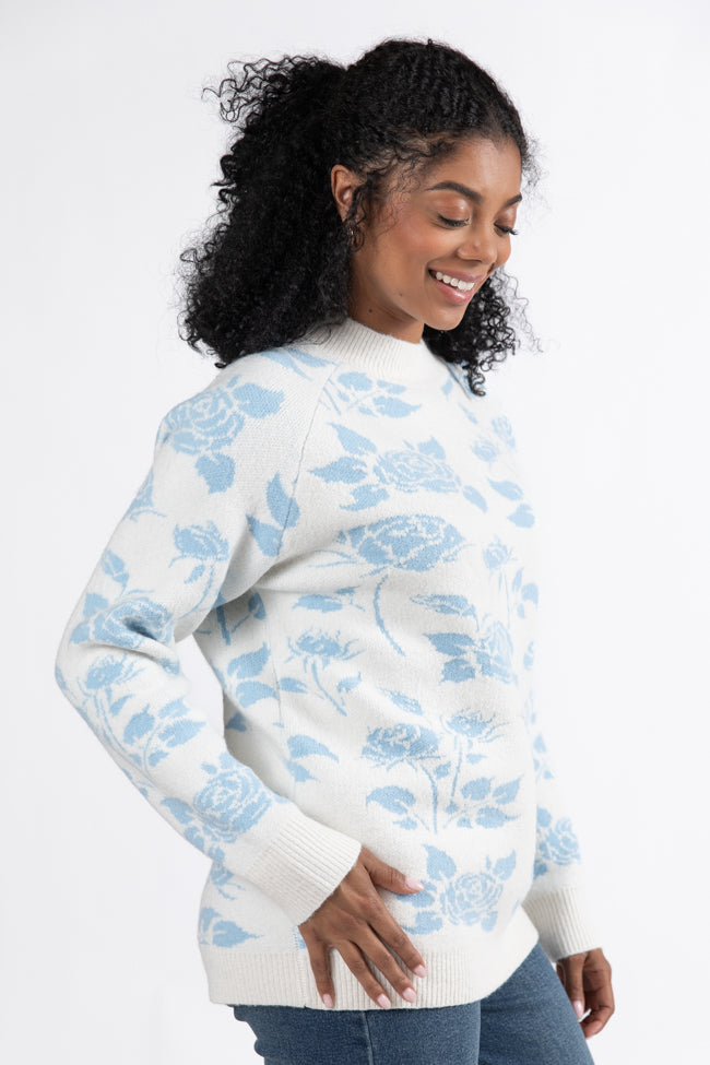 Feeling Like Love Ivory and Blue Floral Crew Neck Sweater SALE Buy Cheap Perfect