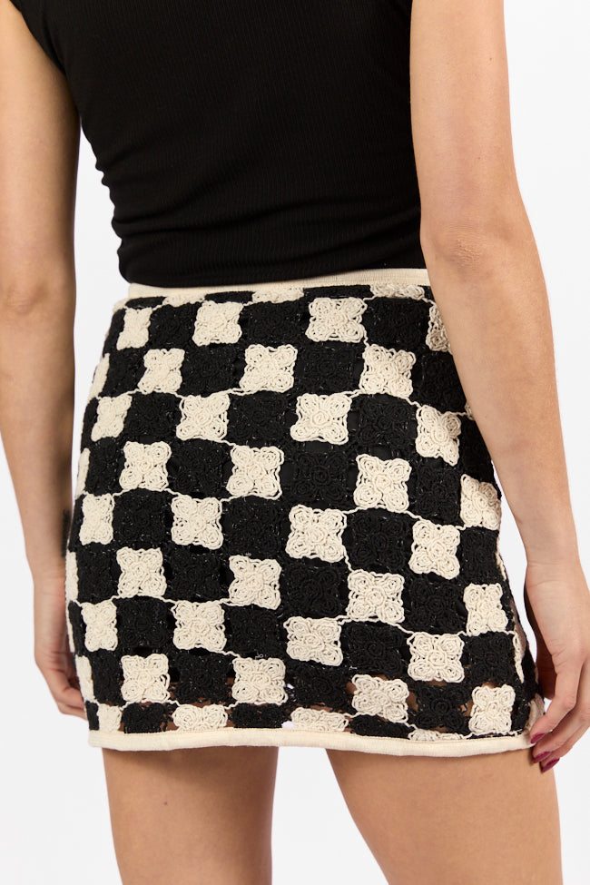 Check On Me Black and Cream Checkered Crochet Mini Skort Discount Manchester