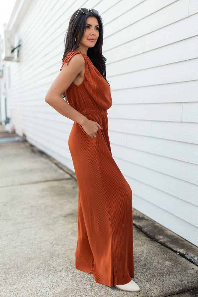 Sent From Above Rust One Shoulder Plisse Jumpsuit FINAL SALE For Sale Online