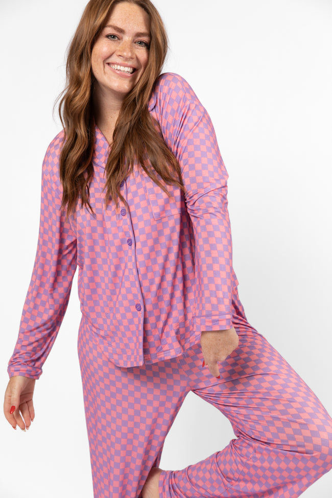 Good To Get Away Light Pink and Lilac Checkered Long Sleeve Pajama Top Low Pice Fee Shipping