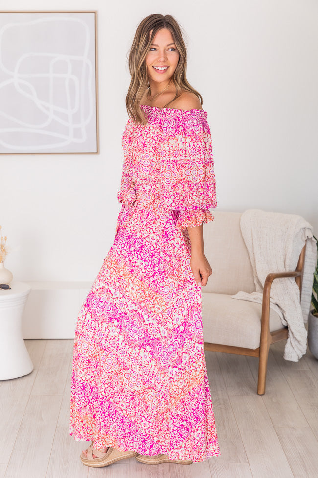 Dynamic Love Pink Printed Off The Shoulder Maxi Dress FINAL SALE Clearance For Cheap