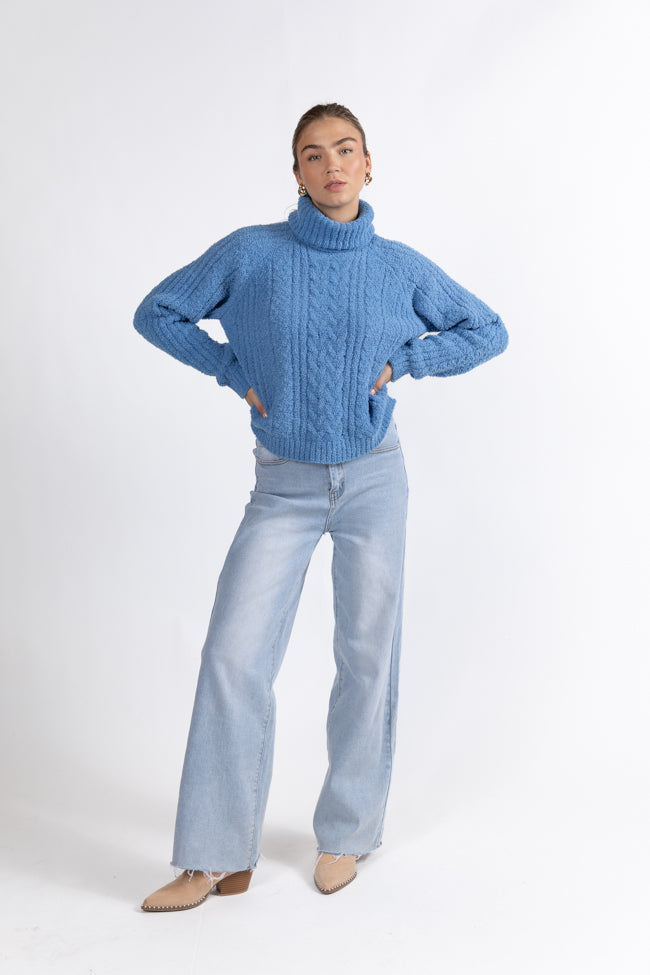 Snow Place Like Home Blue Fuzzy Cable Knit Turtleneck Sweater FINAL SALE Free Shipping