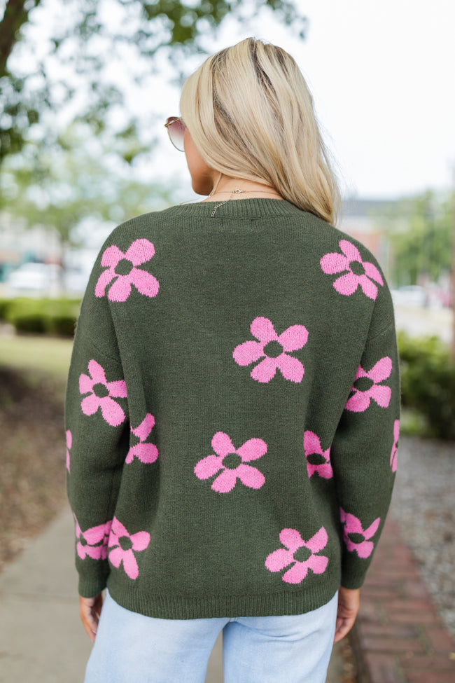 Keep You Around Olive and Pink Floral V-neck Sweater SALE Clearance Limited Edition