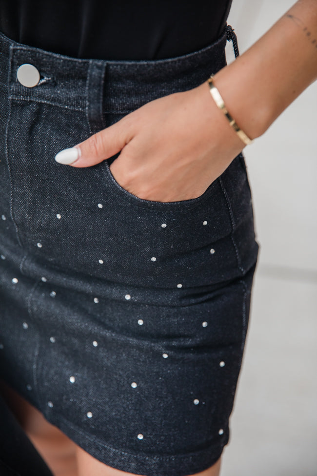 Got Your Attention Black Rhinestone Studded Denim Skirt Supply Sale Online