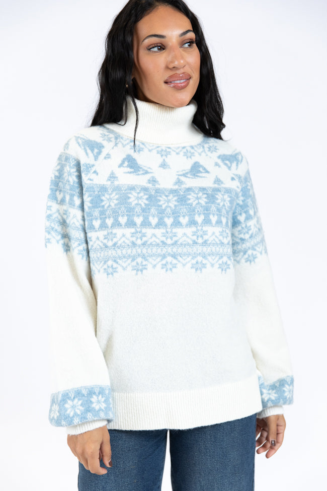 For The Best Ivory and Blue Ski Print Fair Isle Turtleneck Sweater SALE Cheap Usa Stockist