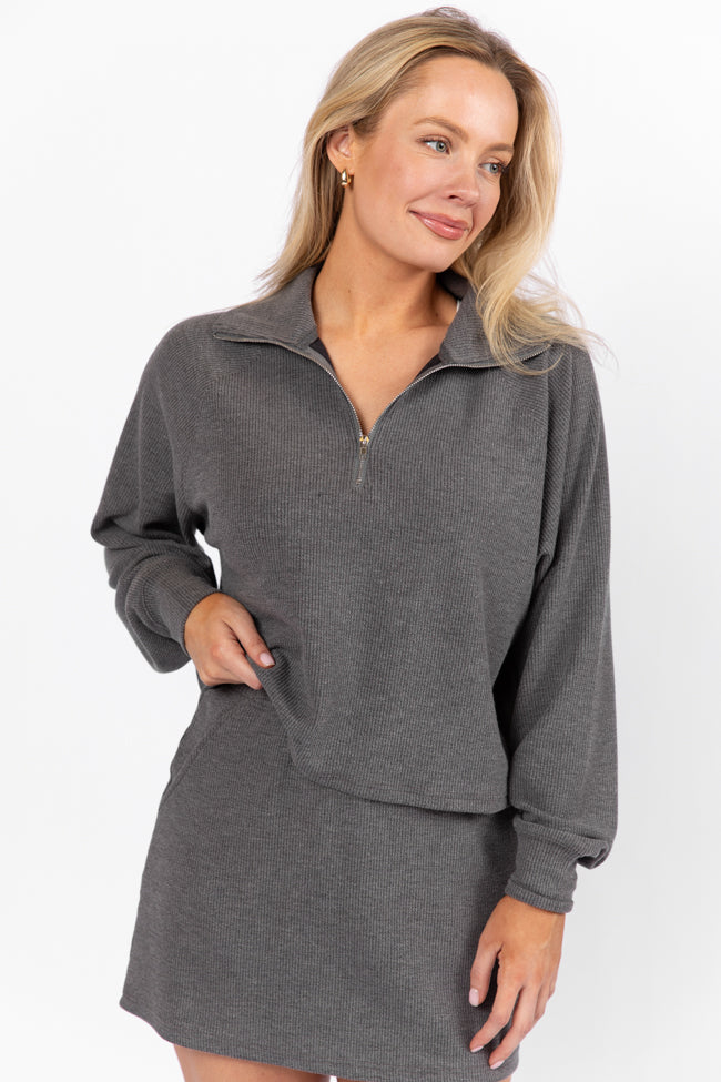 Tried It All Charcoal Quarter Zip Ribbed Knit Pullover Outlet New Styles