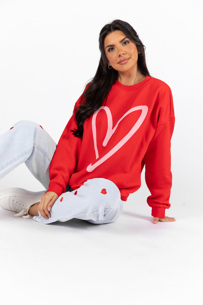 Heart Sketch Red Oversized Graphic Sweatshirt Clearance For Nice