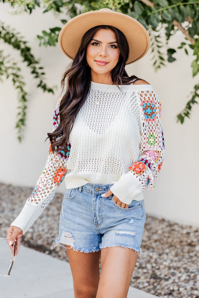 A Wonderful Life Ivory Multi Crochet Sleeve Sweater  FINAL SALE Big Sale Sale Online