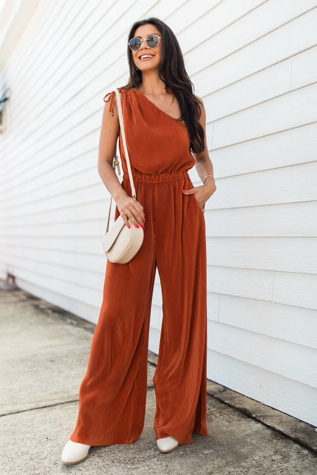 Sent From Above Rust One Shoulder Plisse Jumpsuit FINAL SALE For Sale Online