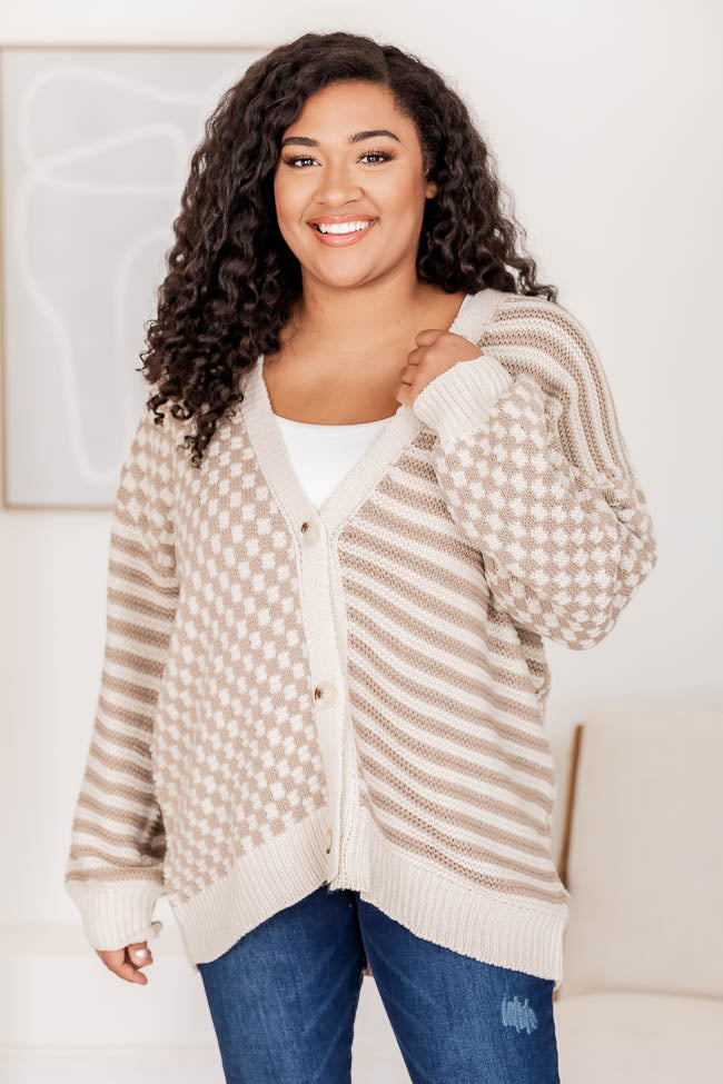 Time To Waste Oversized Beige Checkered and Striped Cardigan Free Shipping Fashionable