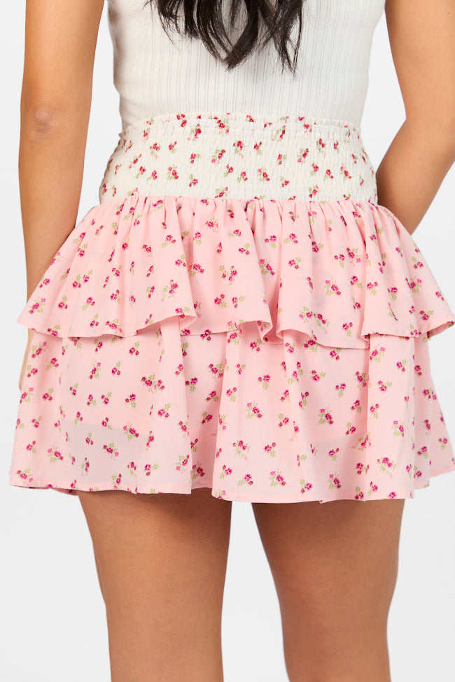 Special Day Ivory and Pink Multi Floral Color Block Tiered Skort Recommend Sale Online