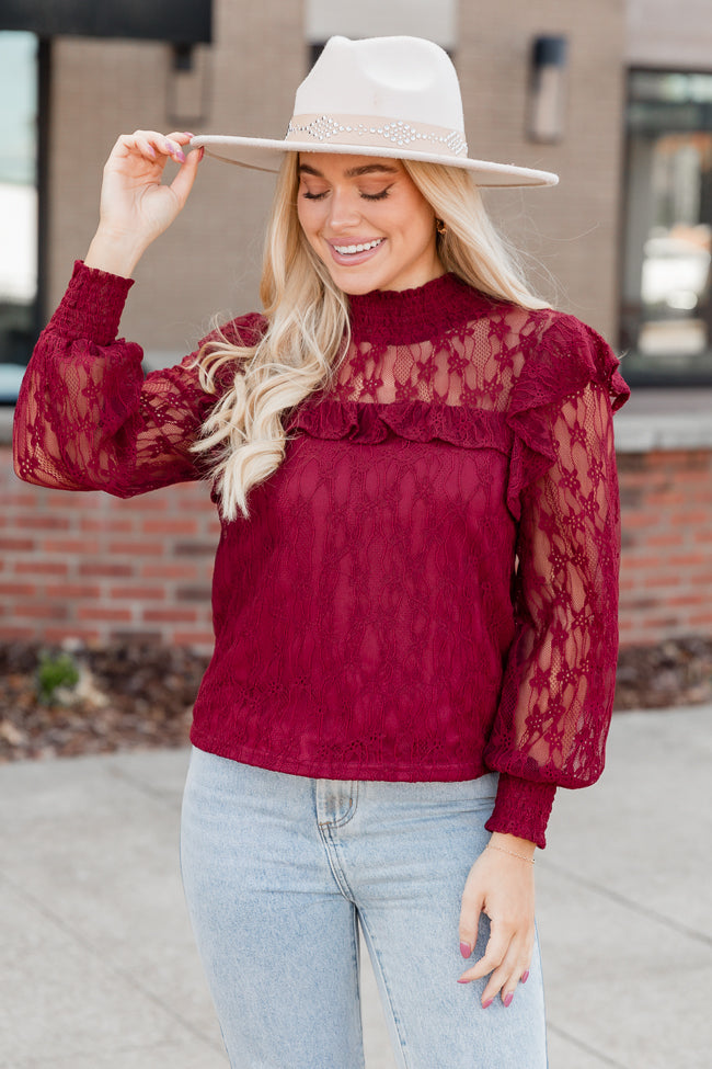 Be The Moment Burgundy Mock Neck Lace Blouse FINAL SALE Sale Exclusive