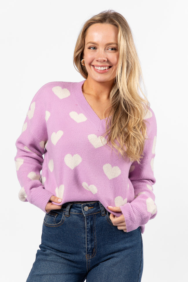 By The Book Lilac Hearts V-Neck Sweater FINAL SALE Cheap Sale Huge Surprise