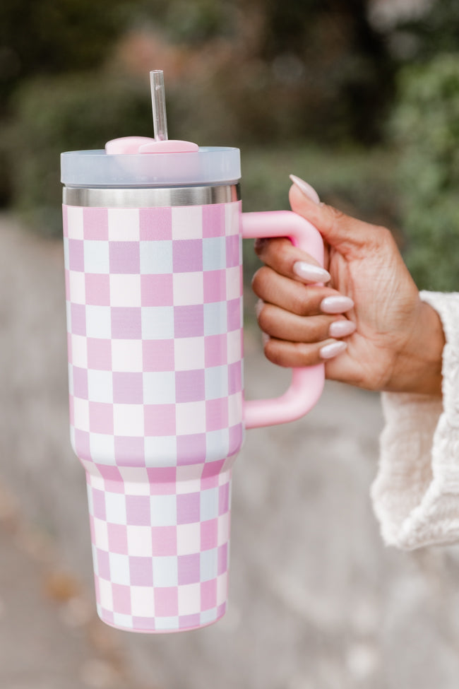 Sippin' Pretty Multi Pastel Checkered 40 oz Drink Tumbler With Lid And Straw