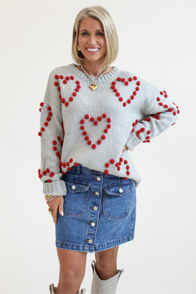 Adore You Grey and Red Oversized Heart Pom Sweater Kalee Rogers X Pink Lily FINAL SALE Explore Cheap Pice