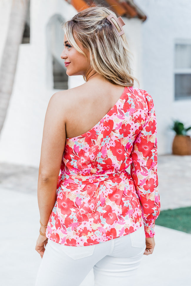 Destination Unknown One Shoulder Blouse in Watercolor Red Floral Print FINAL SALE Latest Sale Online