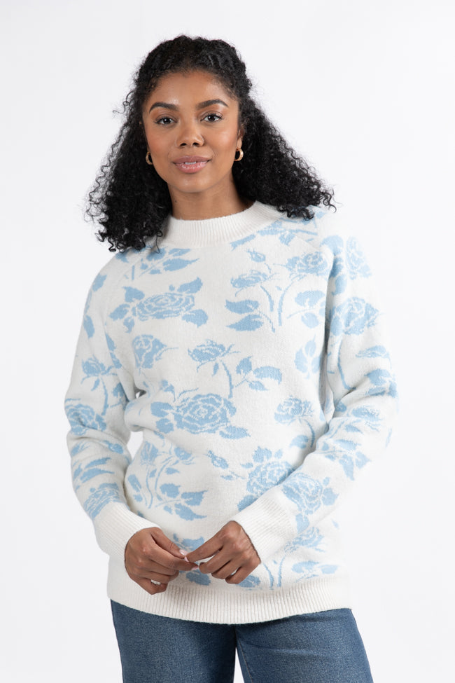 Feeling Like Love Ivory and Blue Floral Crew Neck Sweater SALE Buy Cheap Perfect