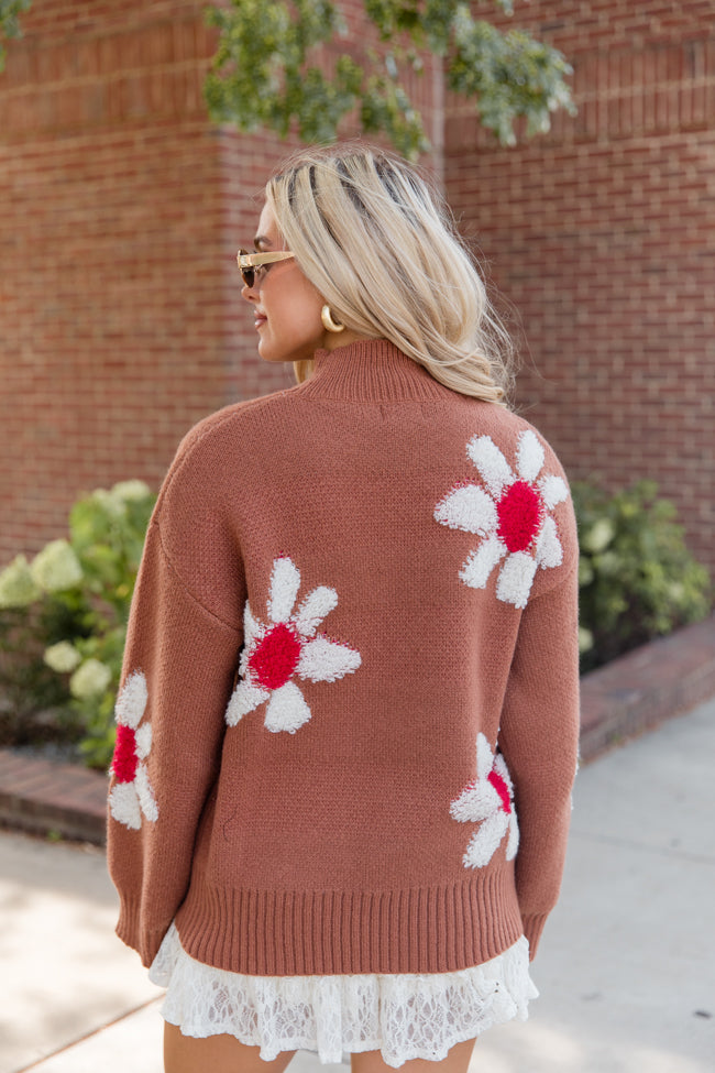 Fall Into Place Brown Textured Floral Print Mock Neck Sweater FINAL SALE Buy