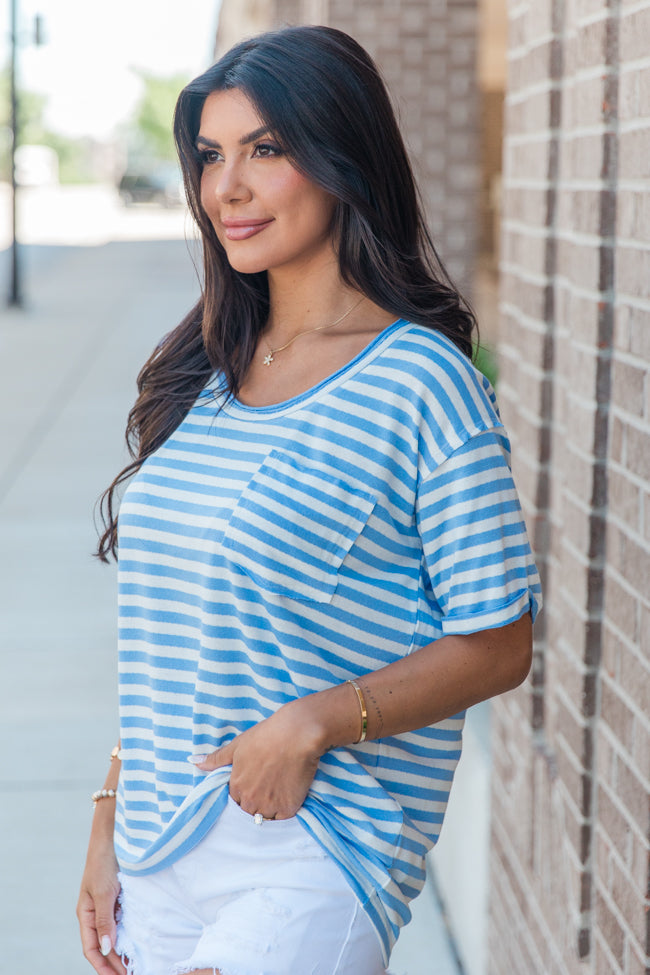 Vital Moment Blue and Ivory Striped Scoop Neck T-Shirt FINAL SALE Fast Delivery For Sale