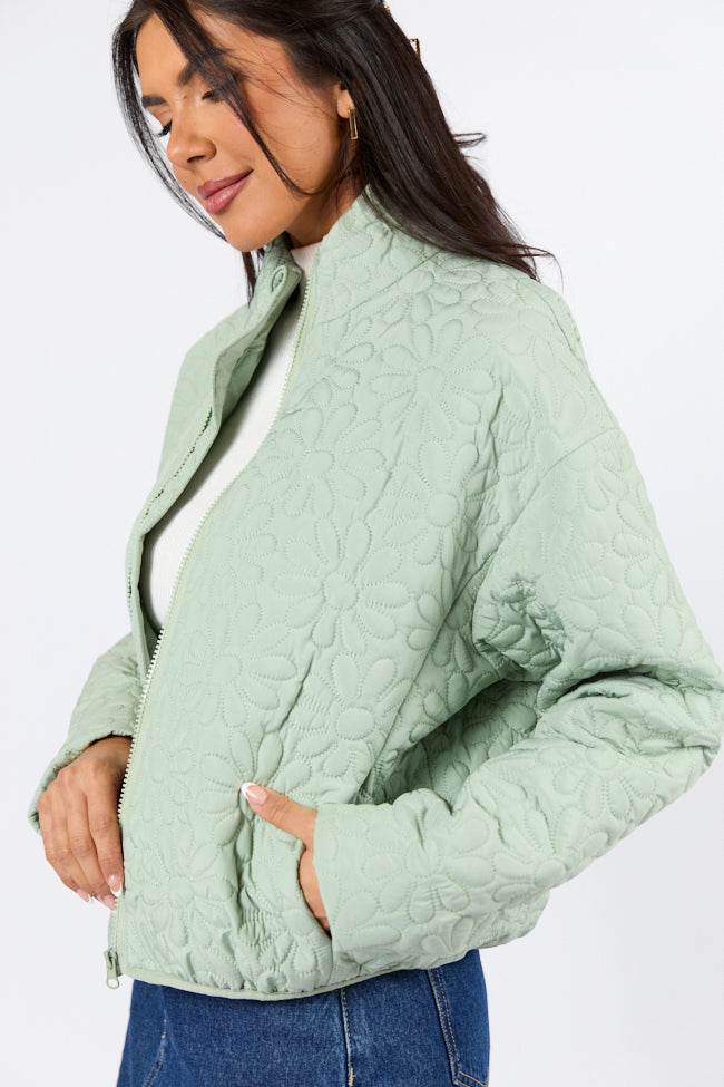 Full Bloom Sage Flower Quilted Zip Up Jacket Free Shipping Shop Offer