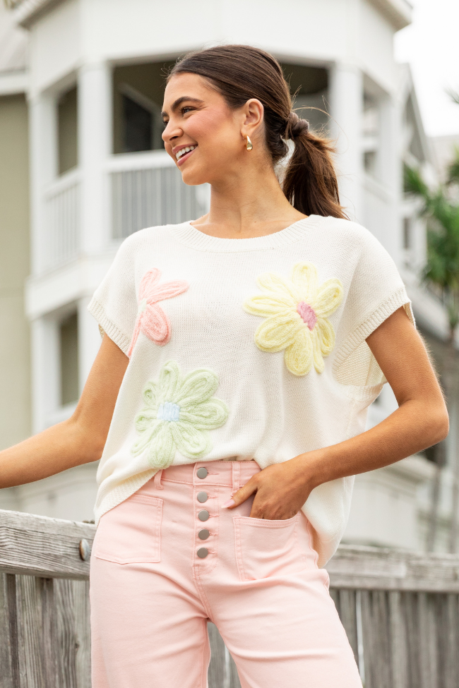 Blooming Joy Ivory Multi Flower Embroidered Short Sleeve Sweater Cheap High Quality