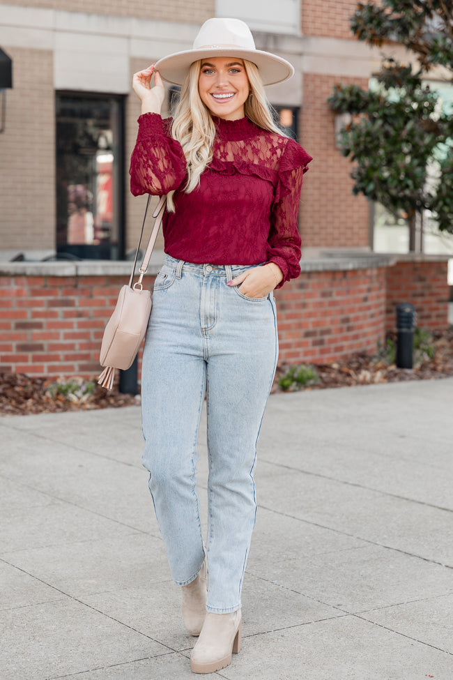 Be The Moment Burgundy Mock Neck Lace Blouse FINAL SALE Sale Exclusive