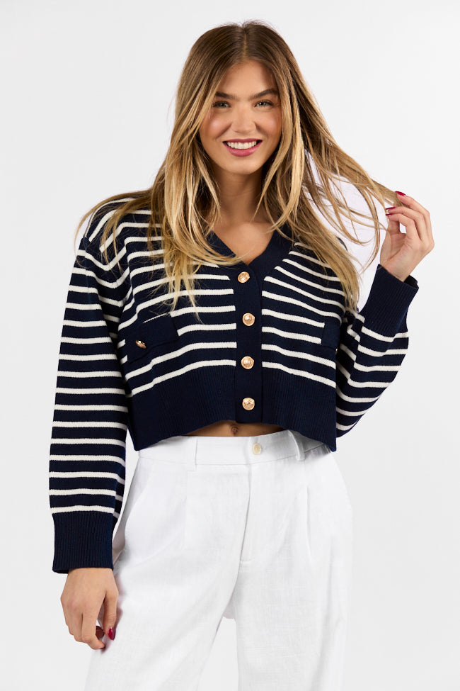 Back In Style Navy and Ivory Striped Cardigan Sale Explore