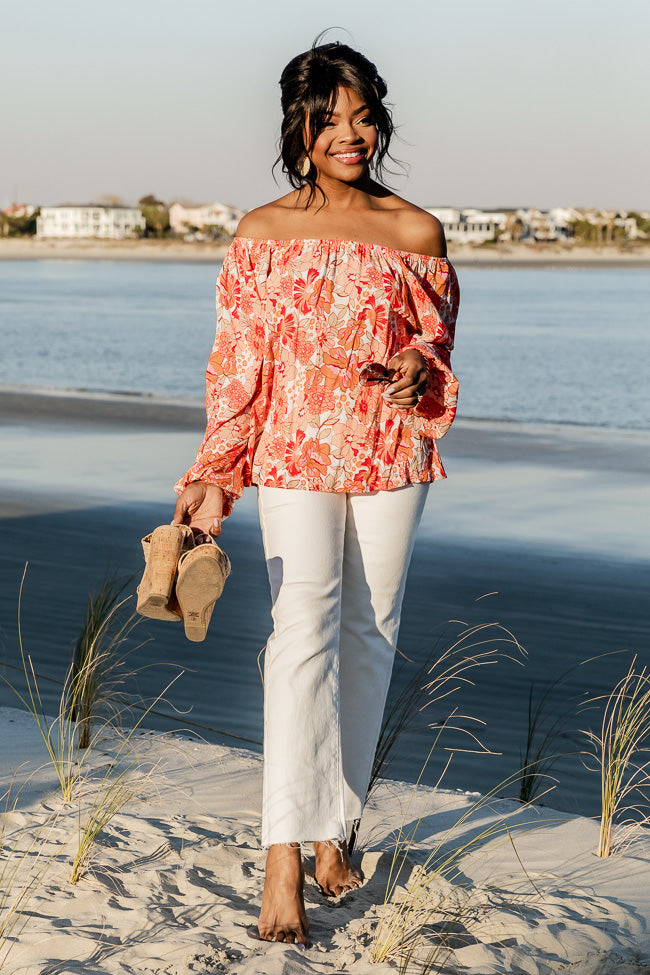 Going Public Off The Shoulder Blouse in Sarasota Red Floral Print FINAL SALE Very Cheap