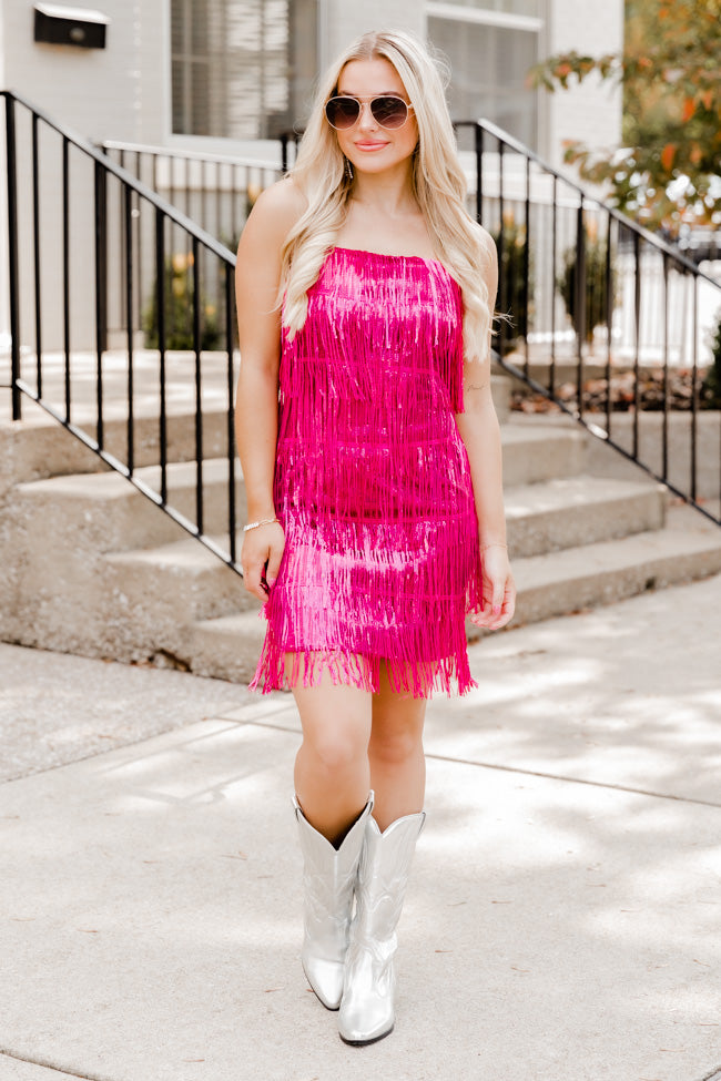 Just Ask Me Pink Sequin Fringe Tank Mini Dress FINAL SALE Clearance Fast Delivery