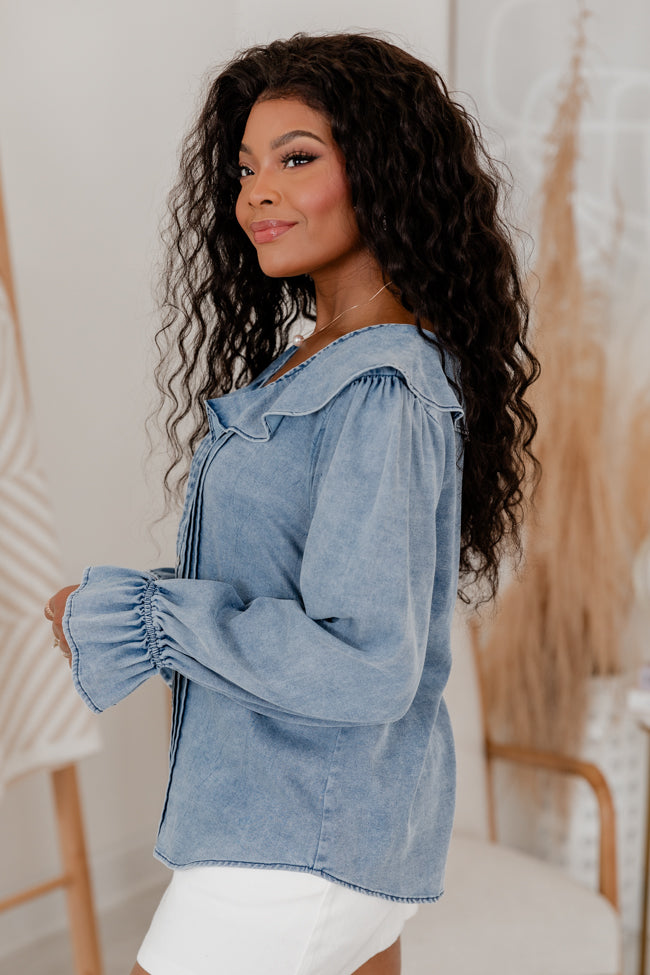 In The Details Medium Wash Chambray Ruffle Detail Top Real Sale Online