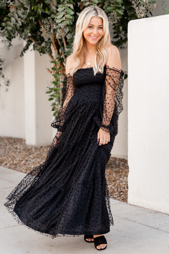 Figuring It Out Black Off The Shoulder Daisy Mesh Tiered Maxi Dress FINAL SALE Sale Hot Sale