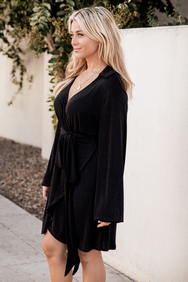 It's Your Move Black Collared Long Sleeve Belted Wrap Dress FINAL SALE