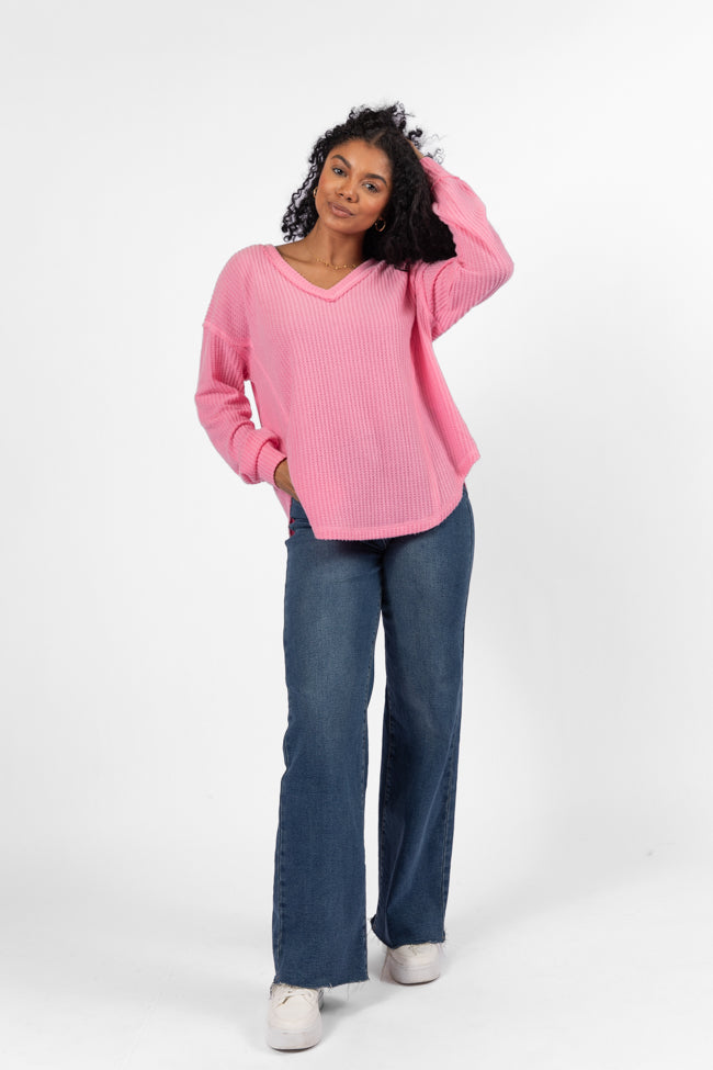 Idle Hands Pink Waffle Knit V-Neck Oversized Knit Top With Paypal Sale Online