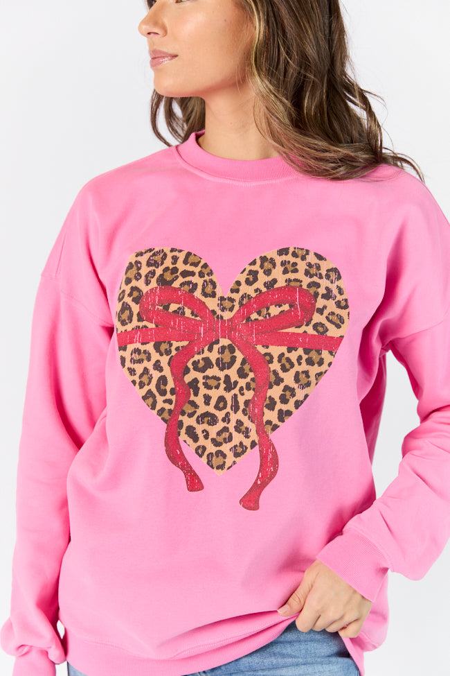 Leopard Heart Red Bow Pink Oversized Graphic Sweatshirt Fast Delivery Online