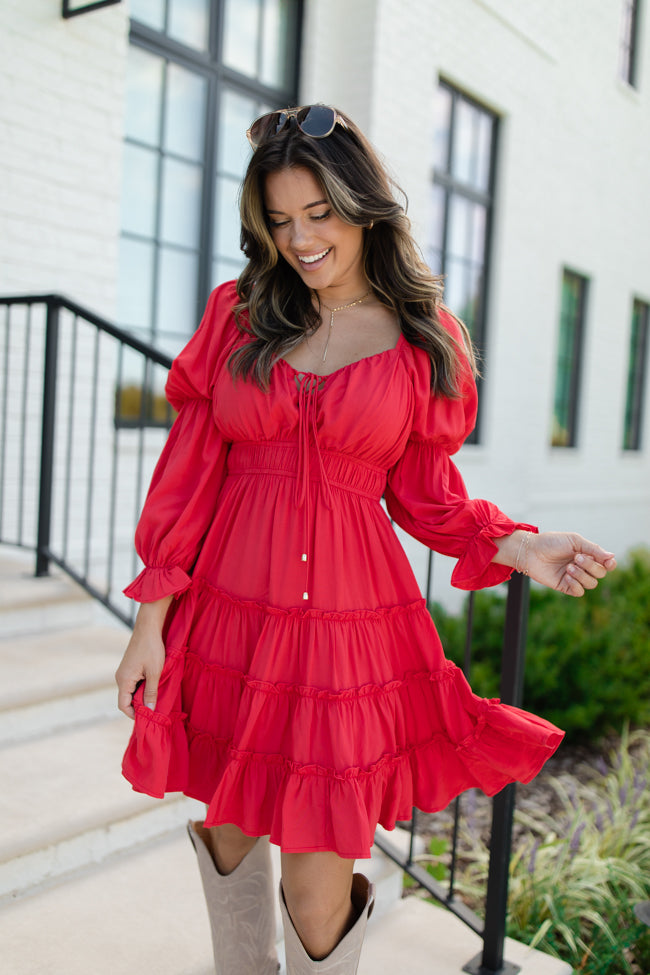 In Full Swing Red Ruffle Detail Mini Dress FINAL SALE Cheap Pice