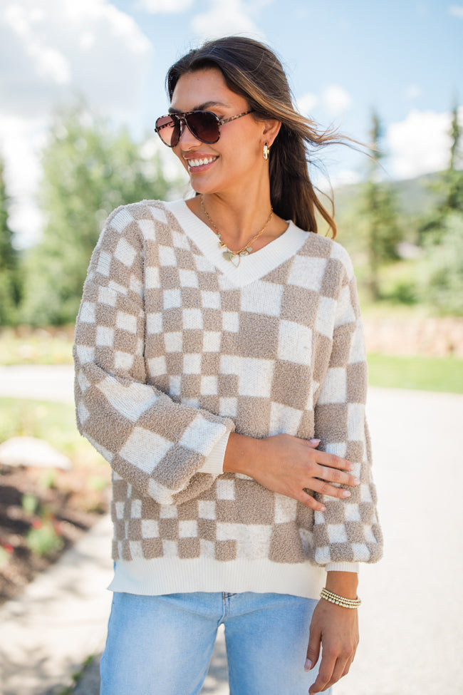 Warm Hearts Taupe Fuzzy Checkered V-neck Sweater FINAL SALE Sale Wiki