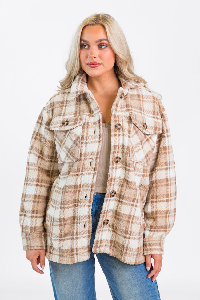 Through The Leaves Khaki Sherpa Plaid Shacket SALE 2025 Unisex Online