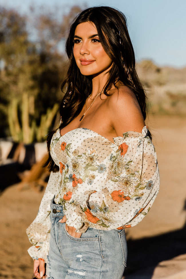 Don't Look Back Beige Floral Print Off The Shoulder Corset Blouse