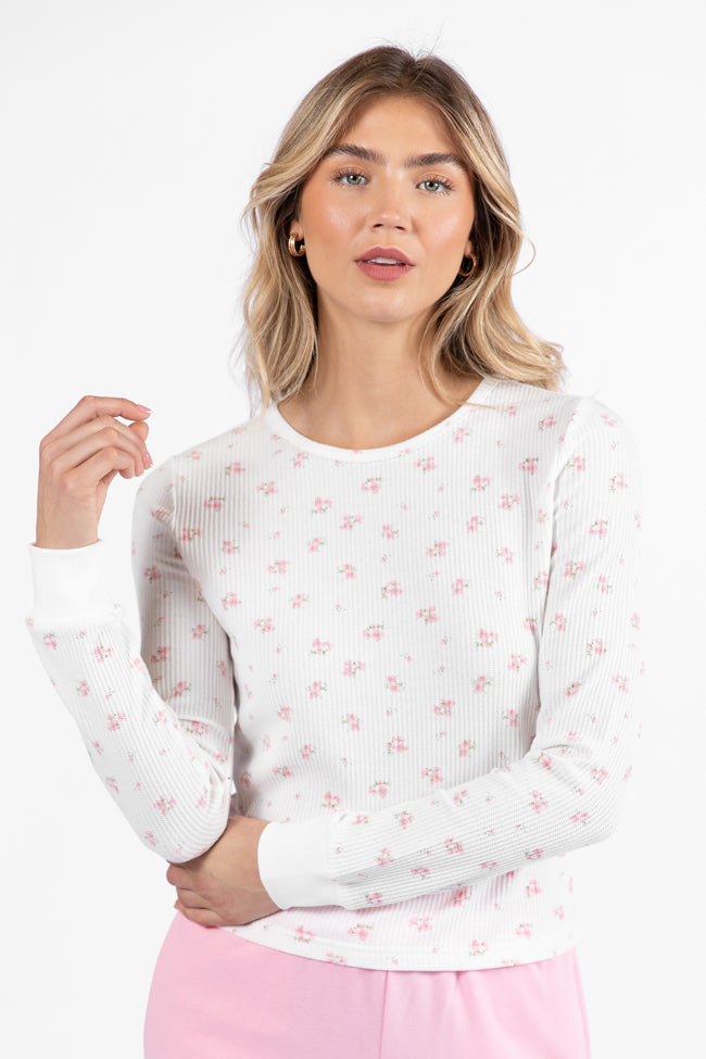 Lazy Floral Ivory and Pink Floral Print Waffle Layering Top SALE Free Shipping Popular