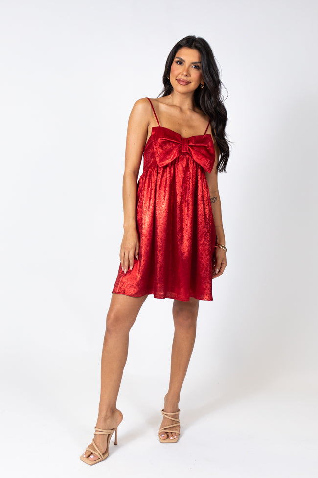 Tinsel and Tidings Light Red Bow Detail Mini Dress FINAL SALE Discount Countdown Package