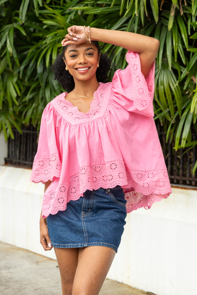 No Regrets Pink Eyelet Detail Popover Short Sleeve Blouse Free Shipping For Cheap