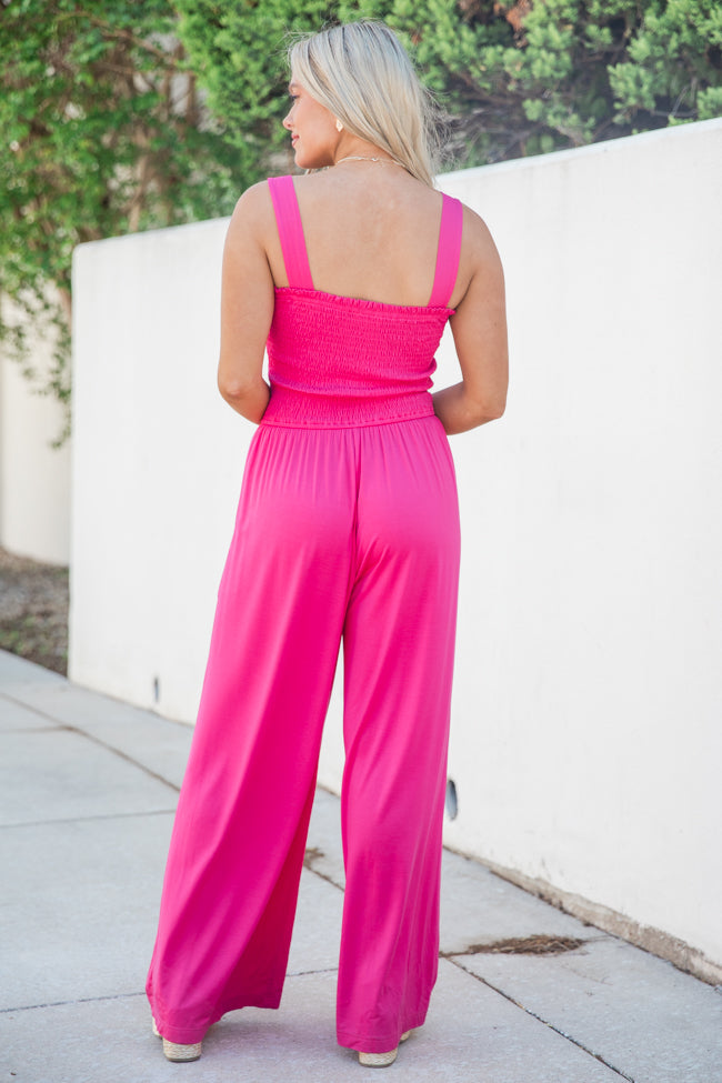 Walking In Paradise Hot Pink Smocked Top Woven Jumpsuit Clearance Genuine