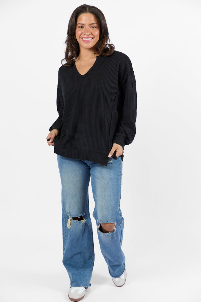 Reasonable Assumption Black Brushed Waffle Knit Oversized Top Cheap Sale Cheap