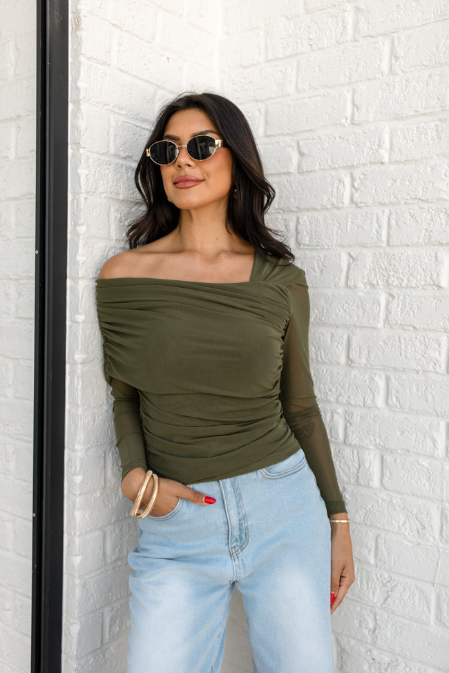 Forever Happy Olive Mesh Sleeve Draped Off The Shoulder Top FINAL SALE Manchester For Sale