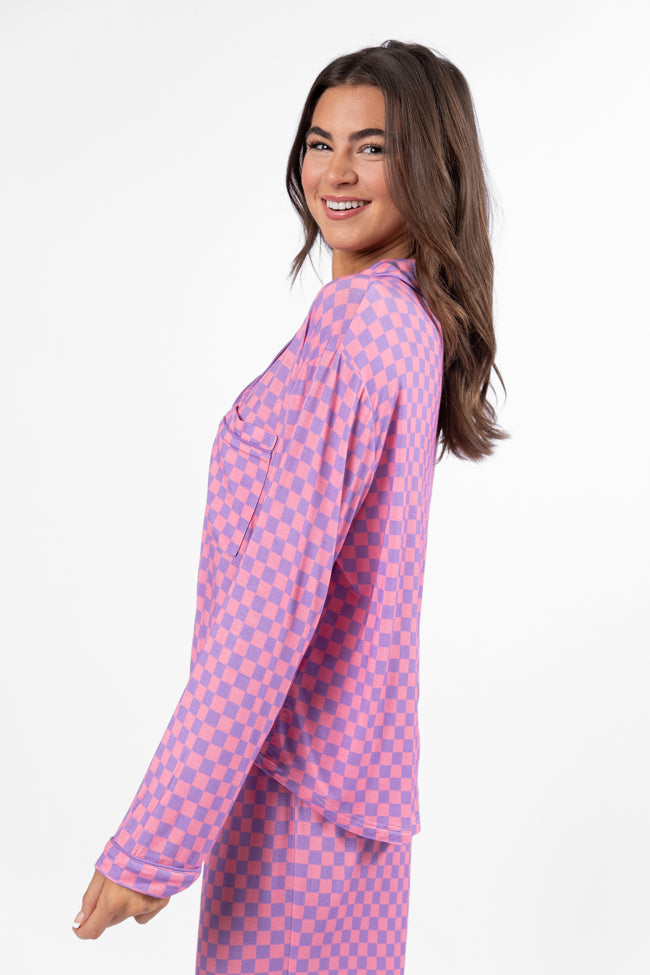 Good To Get Away Light Pink and Lilac Checkered Long Sleeve Pajama Top Low Pice Fee Shipping