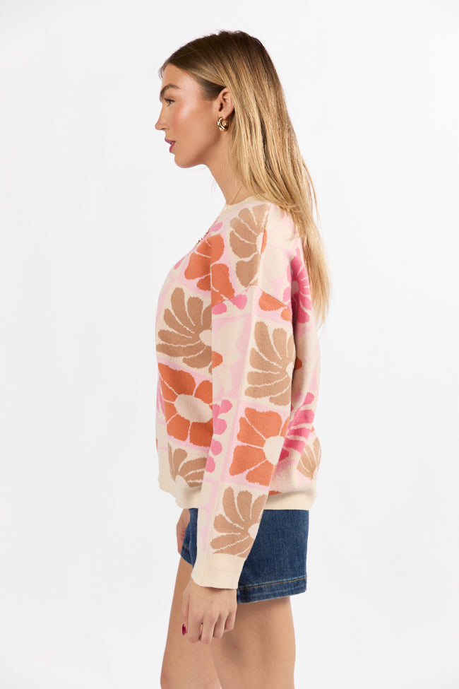 Gracious Gardens Coral Multi Block Floral Sweater With Paypal Sale Online