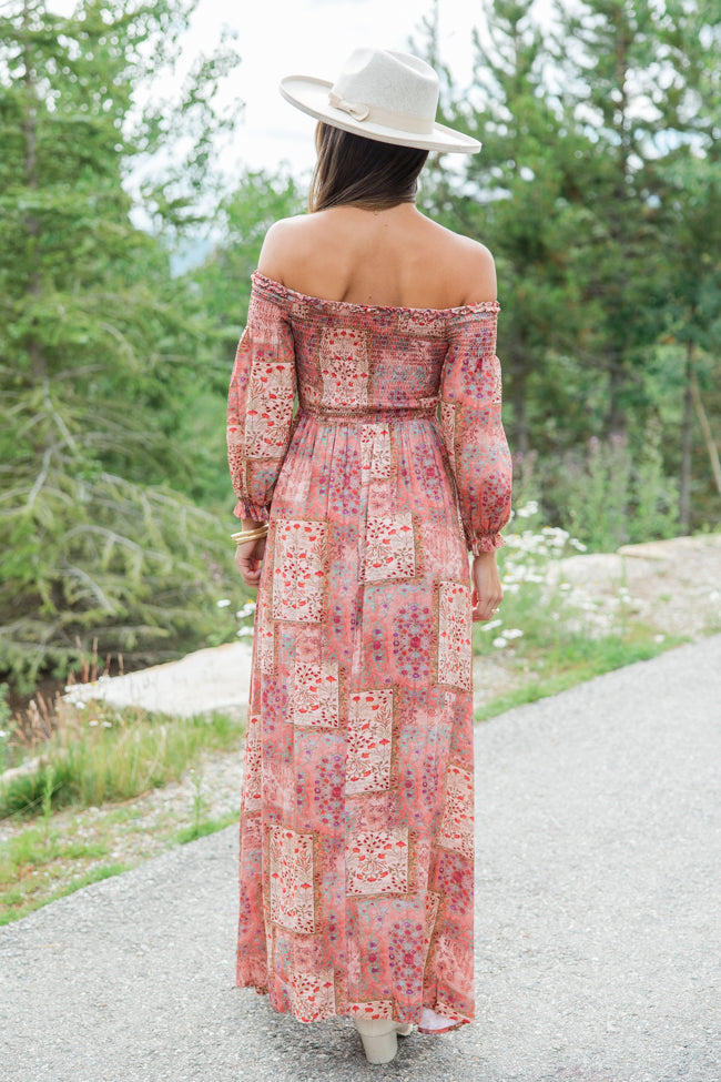 Sounds In My Mind Brick Off The Shoulder Printed Maxi Dress FINAL SALE Authentic For Sale