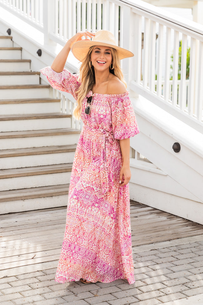 Dynamic Love Pink Printed Off The Shoulder Maxi Dress FINAL SALE Clearance For Cheap