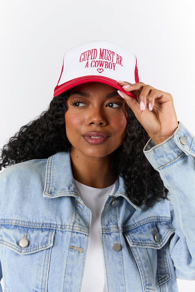 Cupid Must Be A Cowboy Red and White Trucker Hat FINAL SALE Sale Geniue Stockist