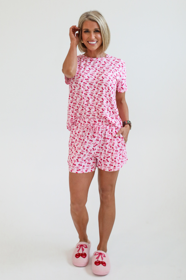 Over the Moon Cherry Hearts Pajama Shorts Kalee Rogers x Pink Lily FINAL SALE Cost For Sale